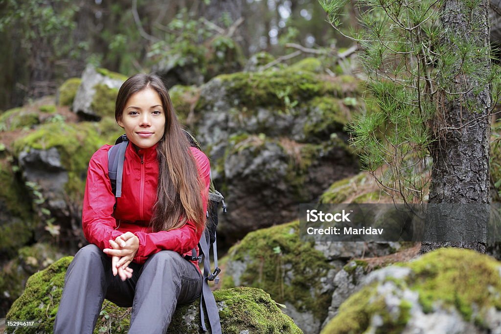 Hiking woman in forest Hiking. xwoman hiker in forest taking a rest sitting down. Beautiful young Asian Caucasian model. From La Caldera, Aguamansa, Orotava, Tenerife, Canary Islands, Spain. Winter. See more: Backpack Stock Photo