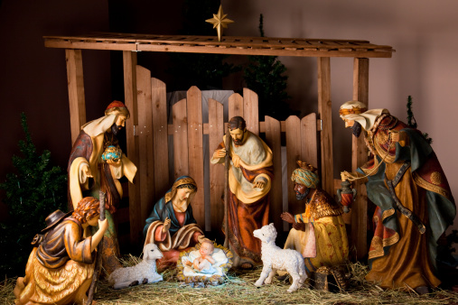 Adoration: Three wise men, ox, camel, donkey, virgin Mary, Joseph, and baby Jesus on white background