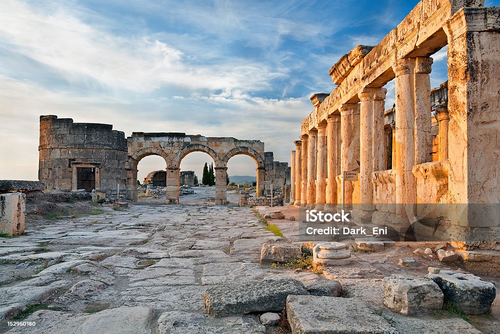 Latrine and Frontinus gate of Hierapolis, Turkey Hierapolis was founded as a thermal spa early in the 2nd century BCE and given by the Romans to Eumenes II, king of Pergamon in 190 BCE. Hierapolis Stock Photo