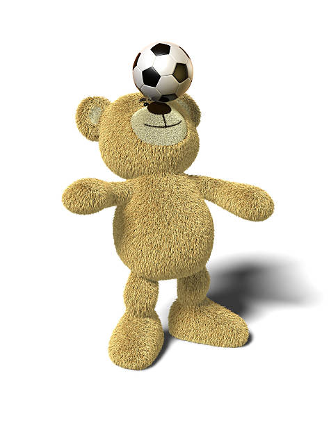 Teddy Bear stands with both feet on the ground, leans back and tries to balance a soccer ball on his nose. Viewed from front. This image is isolated on a white background with soft shadows.