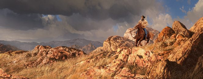 An old west scene of a cowboy riding his horse, with a rainstorm off in the distance. Original illustrative composition, created by me using Vue 3D software. Postwork done in Photoshop.
