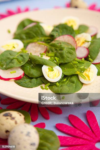 Salad With Spinach Radish And Quail Eggs Stock Photo - Download Image Now - Boiled, Boiled Egg, Chive