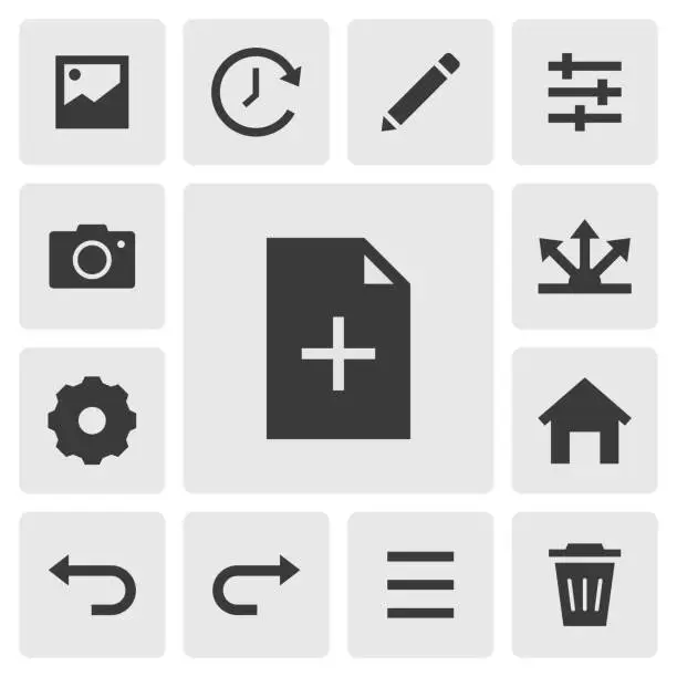 Vector illustration of New file icon vector design. Simple set of smart phone app icons silhouette, solid black icon. Phone application icons concept. Add new file, gallery, menu, edit pen, adjust, filter, setting