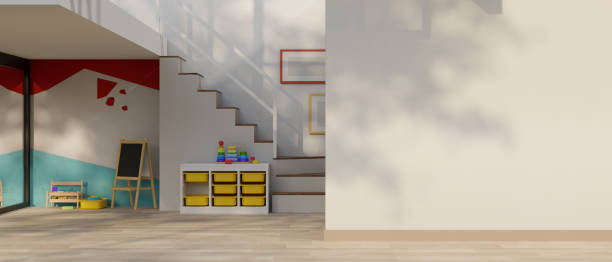 istock Interior design of a modern kindergarten classroom or kids nursery with empty white mockup wall 1529552332