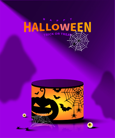 Halloween Lantern with silhouette Halloween elements on purple room background. Vector illustration.