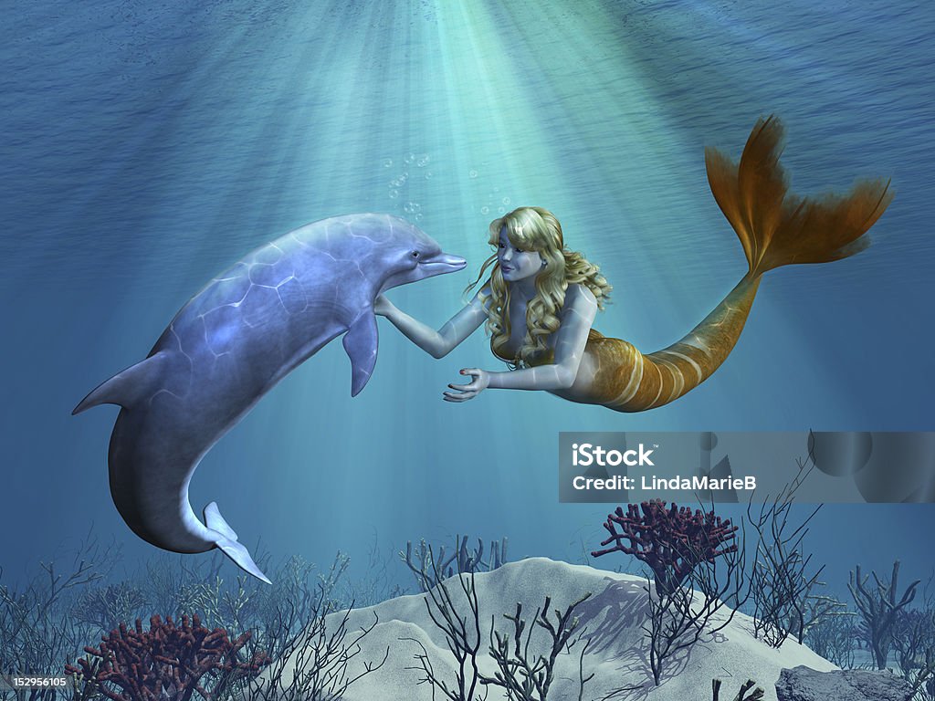 Mermaid with Dolphin Undersea A friendly dolphin greets a mermaid undersea - 3D render with digital painting. Mermaid Stock Photo