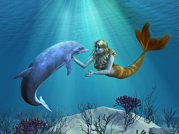Mermaid with Dolphin Undersea stock photo