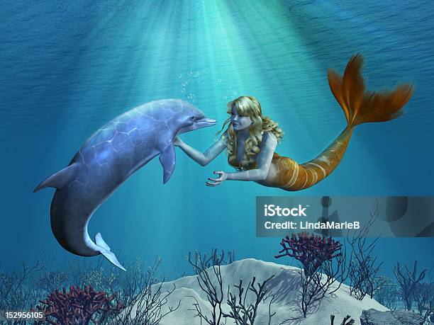 Mermaid With Dolphin Undersea Stock Photo - Download Image Now - Mermaid, Dolphin, Digitally Generated Image