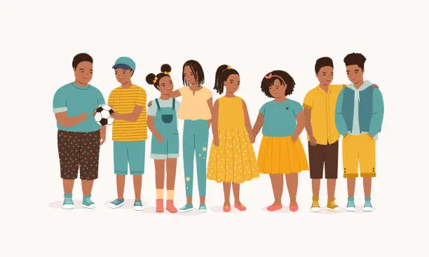 Vector illustration of Group Of Little Black Kids Making Friends With Each Other. Best Friend.