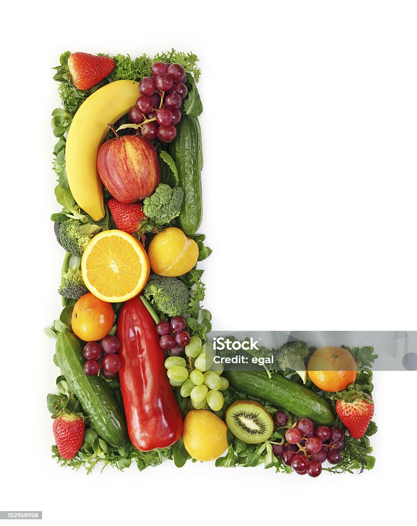 The letter 'L' made up of colorful fruit and vegetables Fruit and vegetable alphabet - letter L Letter L Stock Photo