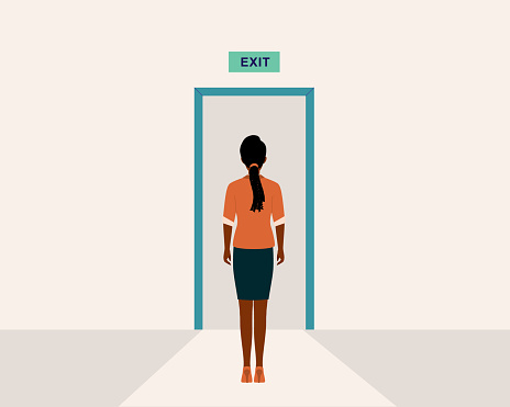 Back View Of One Black Businesswoman Standing In Front Of The Exit Door. Isolated On Color Background.