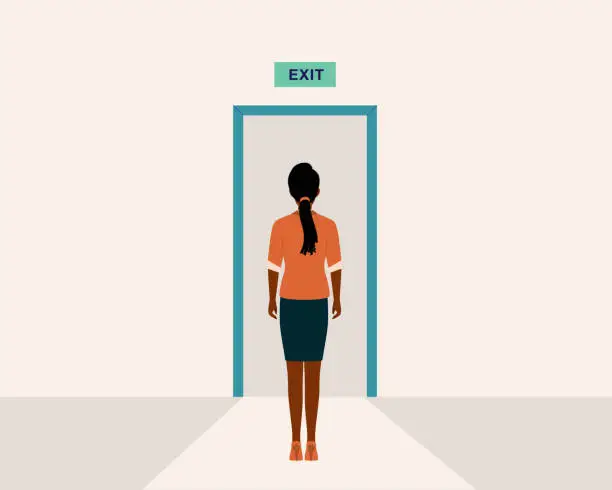 Vector illustration of Black Businesswoman Standing In Front Of The Exit Door.
