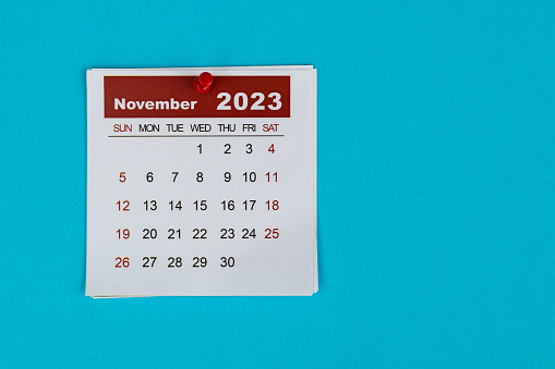 Close up of 2023 November calendar.