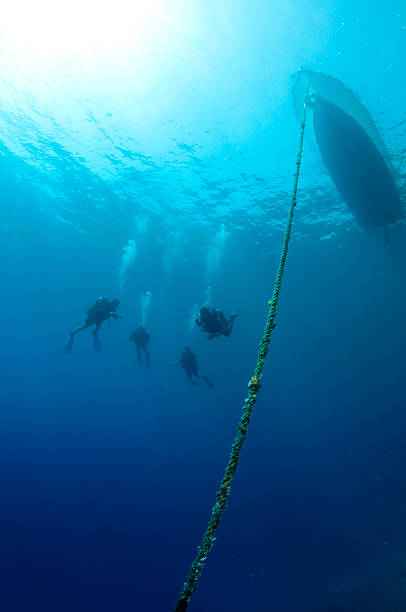 istock boat and scuba divers with anchor line 152959503