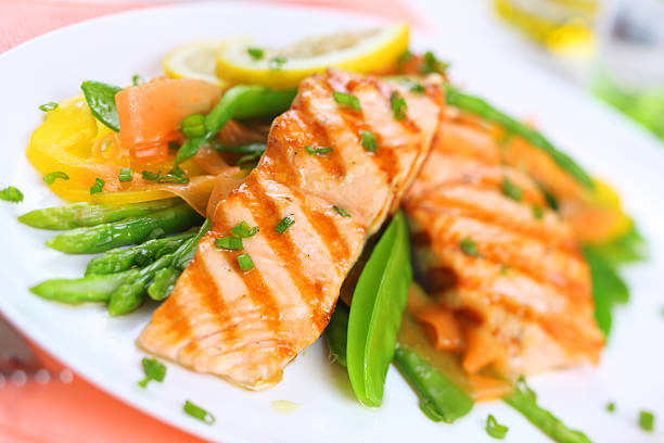 istock grilled salmon with spring vegetables on white plate, soft focus 152959669