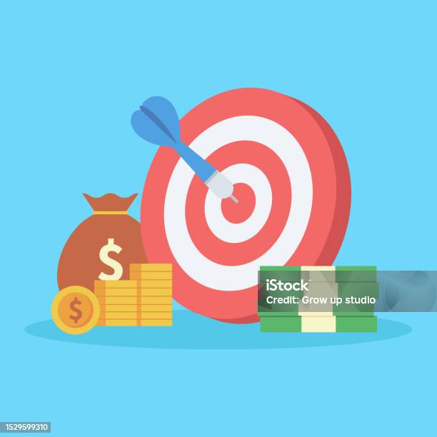 Hit Target Money Target With Money Management And Achievements Isolated On Blue ...