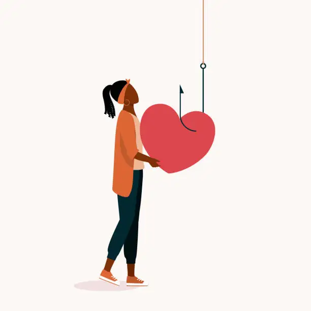 Vector illustration of Concept Of Love Scam And Phishing For Love. One Young Black Woman Holding A heart With Fishing Hook.