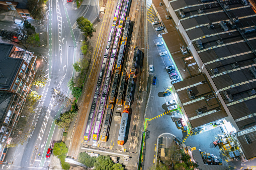 Stationary trains near Southern Cross Station in Docklands, Melbourne at night