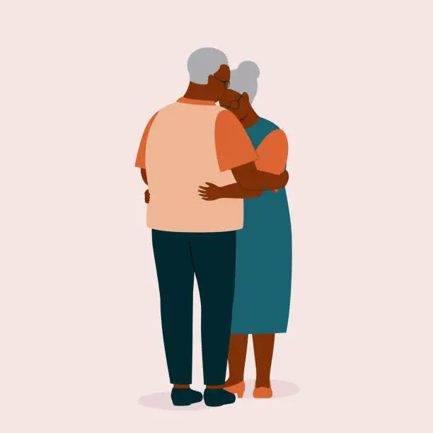 Vector illustration of Lovely Senior Black Couple Hugging Each Other.