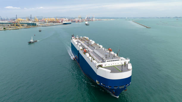 View of a big car carrier ship at Tilbury Docks, UK