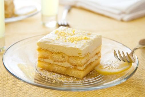 Limoncello syrup soaked lady fingers layered with light lemon custard