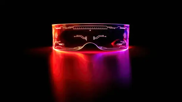 Front view of eyeware goggles colorful neon light, futuristic digital innovation concept, glow in dark background, cyber device, game head set, object, LED