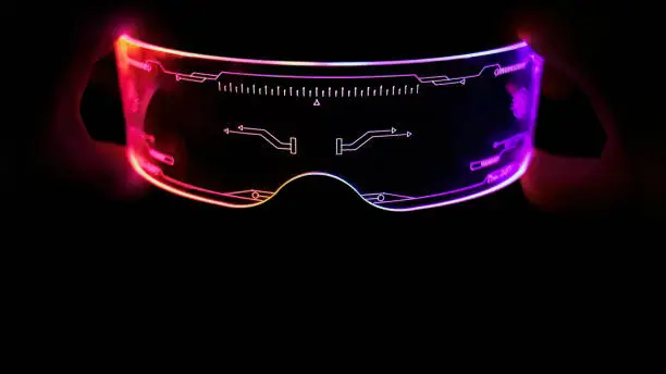 Front view of eyeware goggles colorful neon light, futuristic digital innovation concept, glow in dark background, cyber device, game head set, object, LED