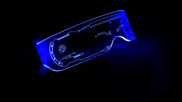 Left view of eyeware goggles colorful neon light, futuristic digital innovation concept, glow in dark background, cyber device, game head set, object, LED