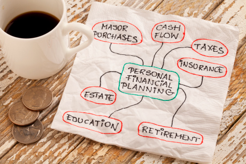 personal financial planning concept - napkin doodle with espresso coffee cup and coins on a grunge wooden table