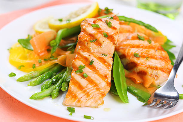 istock grilled salmon with spring vegetables on white plate, soft focus 152962933