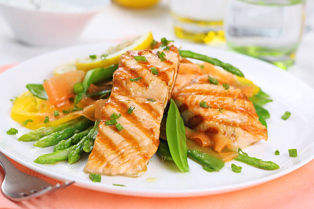 istock grilled salmon with spring vegetables on white plate, soft focus 152962935