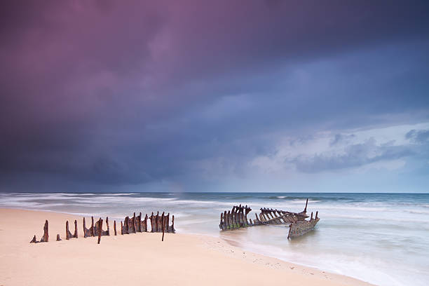 wreck on australian beach at dawn stock photo