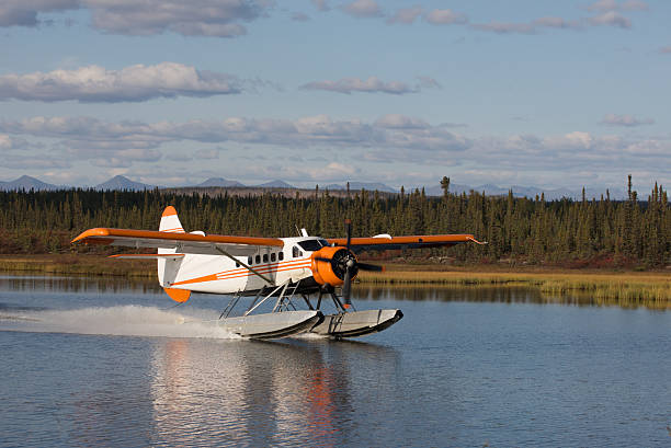 Seaplane Landing on an Alaskan Lake stock photo