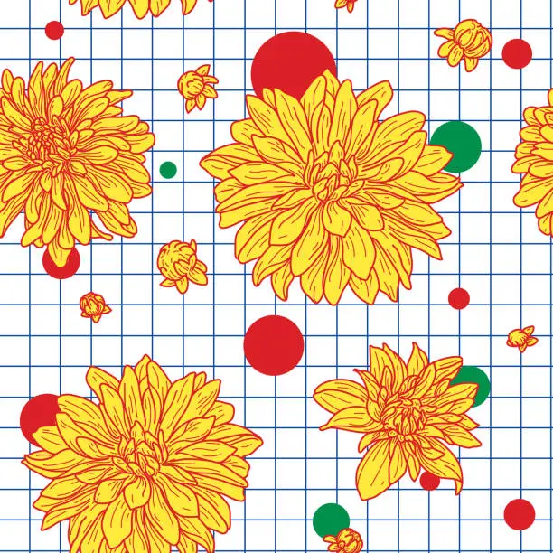 Vector illustration of 50s Vintage Retro Chrysanthemum Seamless Pattern on Grid Background