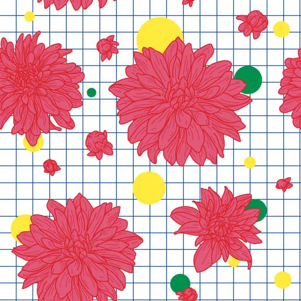 Vector illustration of 50s Vintage Retro Chrysanthemum Seamless Pattern on Grid Background