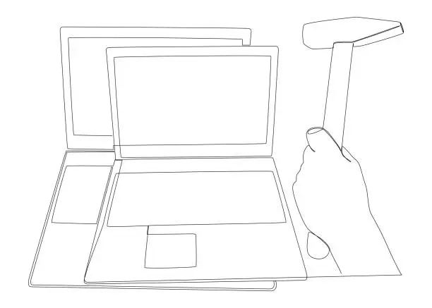 Vector illustration of One continuous line of Laptop with Hammer. Thin Line Illustration vector concept. Contour Drawing Creative ideas.