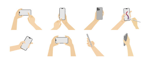 タイトル:スマートフォンを使ったり持ったりする人間の手。空白のディスプレイを備えたタッチスクリーン携帯電話。白い背景に指、ズーム、タップ、スワイプのジェスチャでデバイスの腕 - man’s hands点のイラスト素材／クリップアート素材／マンガ素材／アイコン素材
