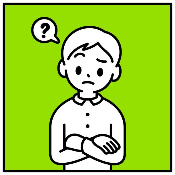 Vector illustration of A boy full of doubts with his head cocked and his arms crossed in front of his chest, looking at the viewer, minimalist style, black and white outline