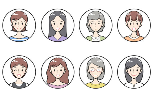 dorosłe kobiety w różnym wieku pozytywna ekspresja zestaw okrągłych ikon biały - happy group stock illustrations