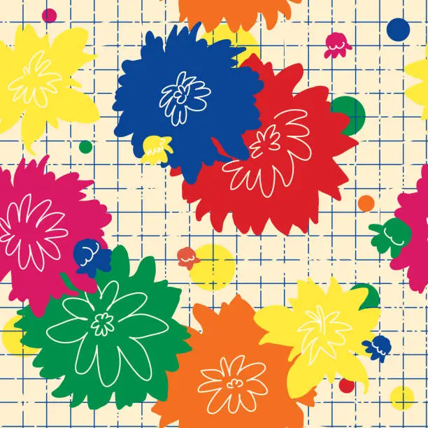 Vector illustration of 50s Flat Retro Chrysanthemum Seamless Pattern on Grid Background