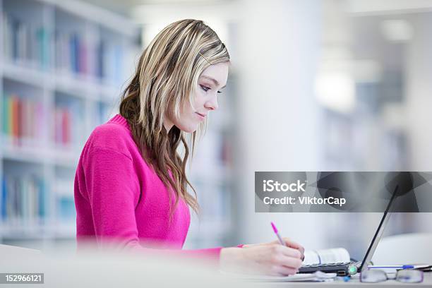 Foto de Linda Estudante Universitário Feminino Trabalhando Em Biblioteca e mais fotos de stock de Animal