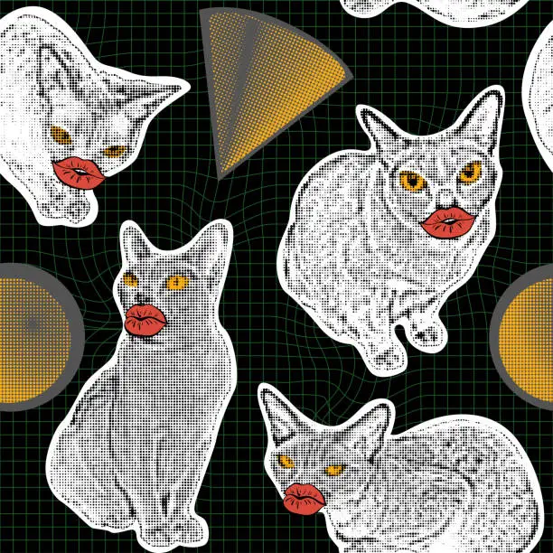 Vector illustration of Seamless pattern with elements of a collage with cats in the technique of halftones for a mixed-style design. Aesthetics of crazy grunge punk. Grid y 2k. Black background. Vector.