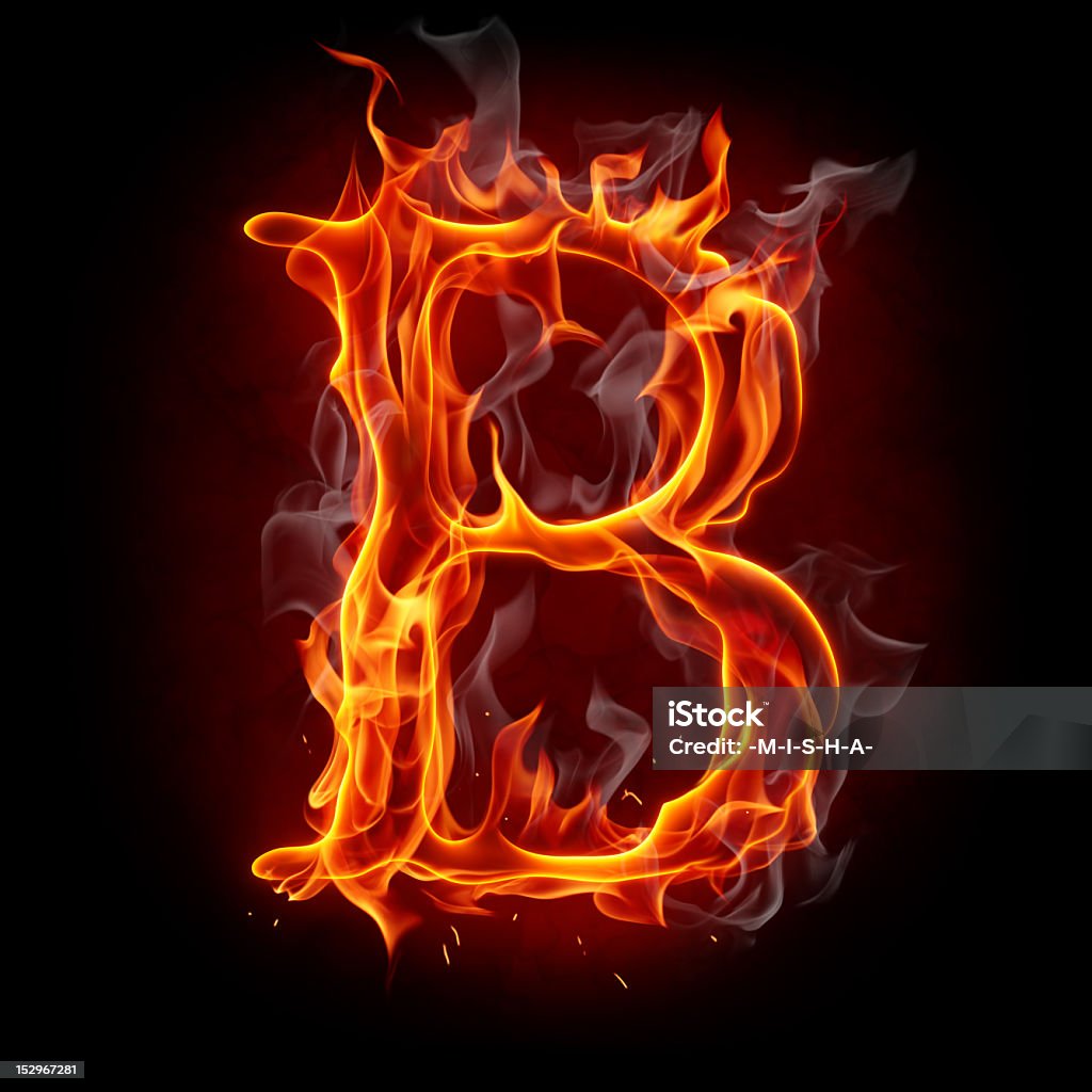 Letter B etched in fire against black backdrop Fire font Fire - Natural Phenomenon Stock Photo