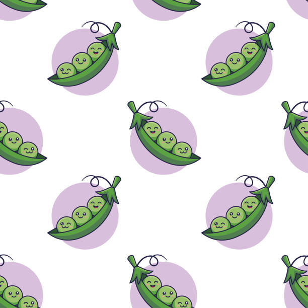 ilustraciones, imágenes clip art, dibujos animados e iconos de stock de lindo patrón sin costuras de guisantes kawaii en estilo garabato. ilustración vectorial dibujada a mano de la vaina de guisantes. - green pea pea pod vegetable cute