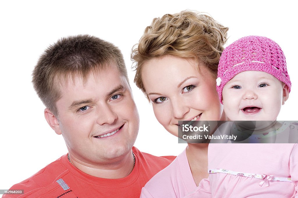 Happy young famile with beautiful baby Portrait of happy young famile with beautiful baby on white background Baby - Human Age Stock Photo