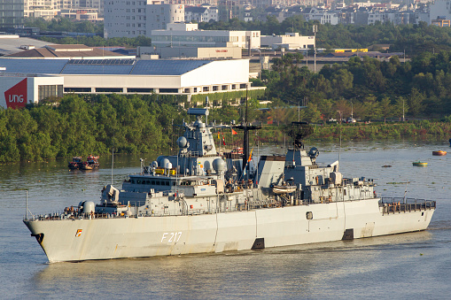 Ho Chi Minh City, Vietnam - January 9, 2022 : Frigate Bayern (F217) Of German Navy Moving Along The River.
