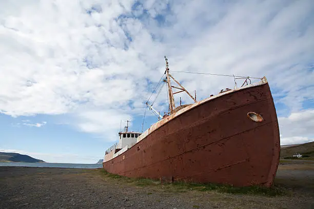 Rusty old boat at Blue bay in Iceland