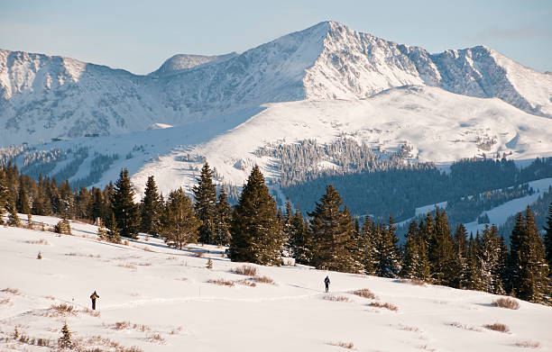 Cross country skiing A pair of cross country skiers travel through the Colorado back country. tenmile range stock pictures, royalty-free photos & images