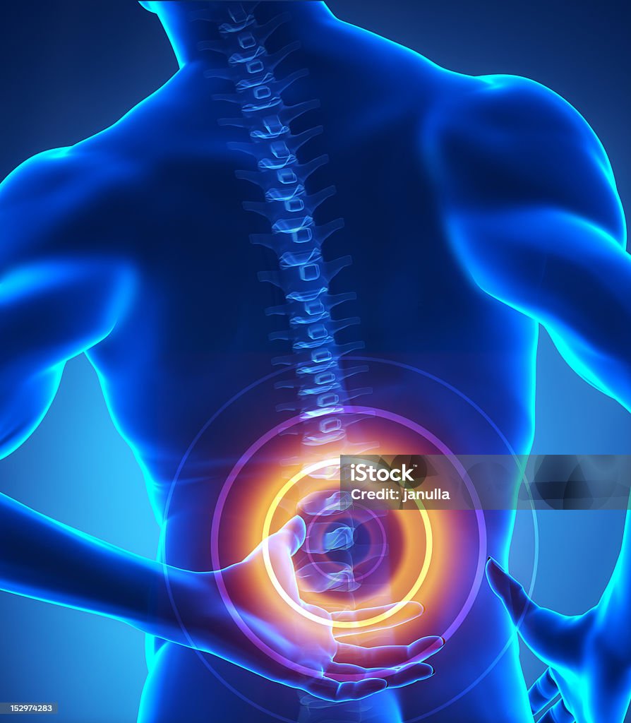 Painful human backbone Highlighted backbone area Lumbosacral Region Stock Photo