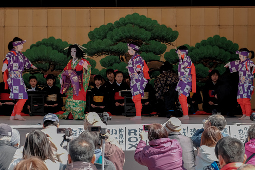 January 8th 2023, Shizukuishi, Iwate. Seijin no hi (Coming of age day) for young Japanese adults have a ceremony and get dressed up in Kimono and suits and attend a ceremony with their classmates.
